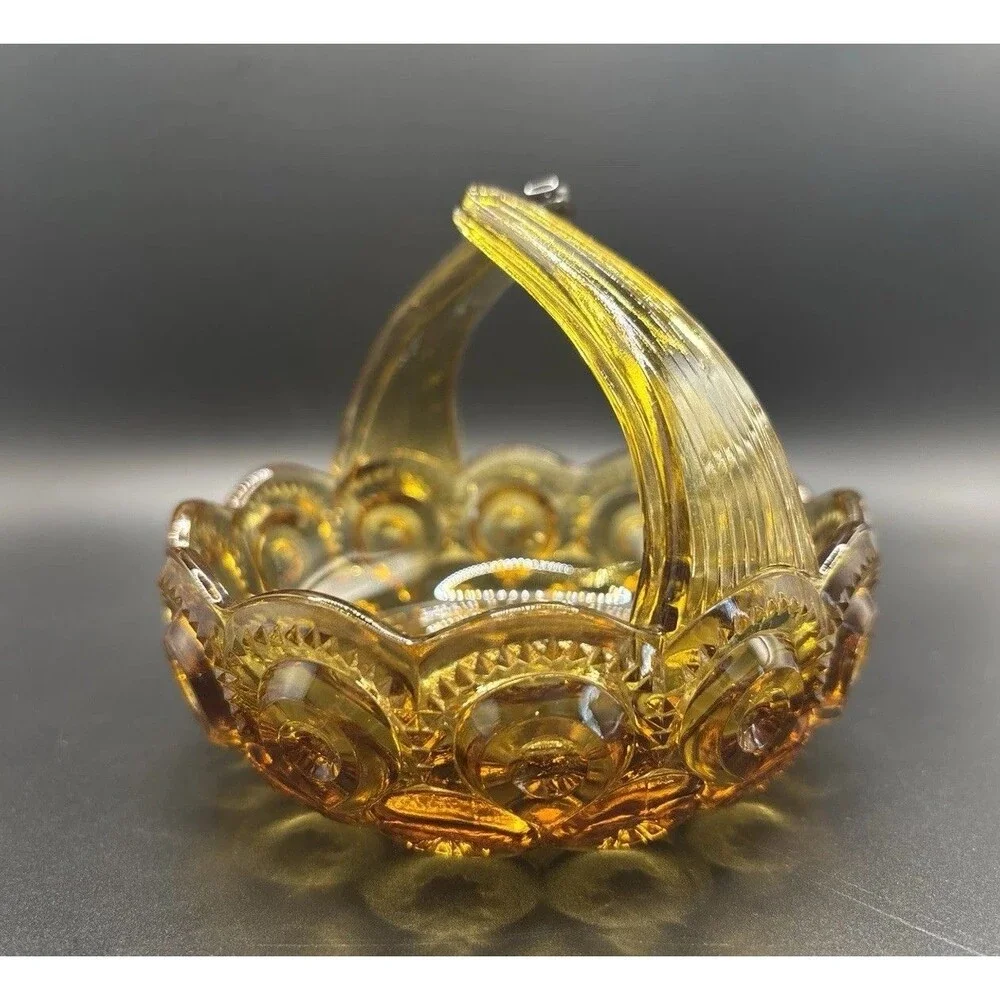 MOON & STARS L.E. Smith Amber Split Handle VTG Candy / Trinket Dish 5”